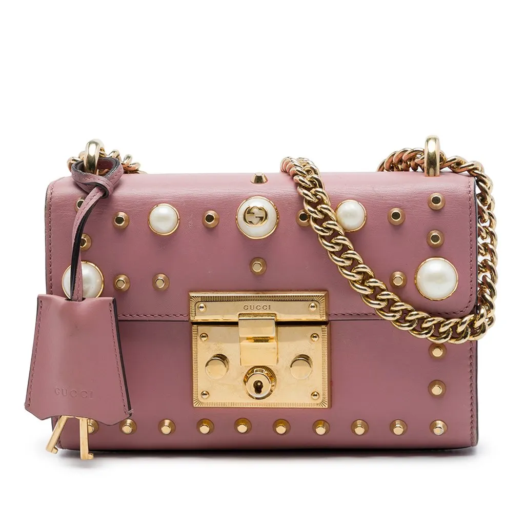 Gucci Small Pearl Studded Leather Padlock Crossbody Pink Leather Very good - Front View