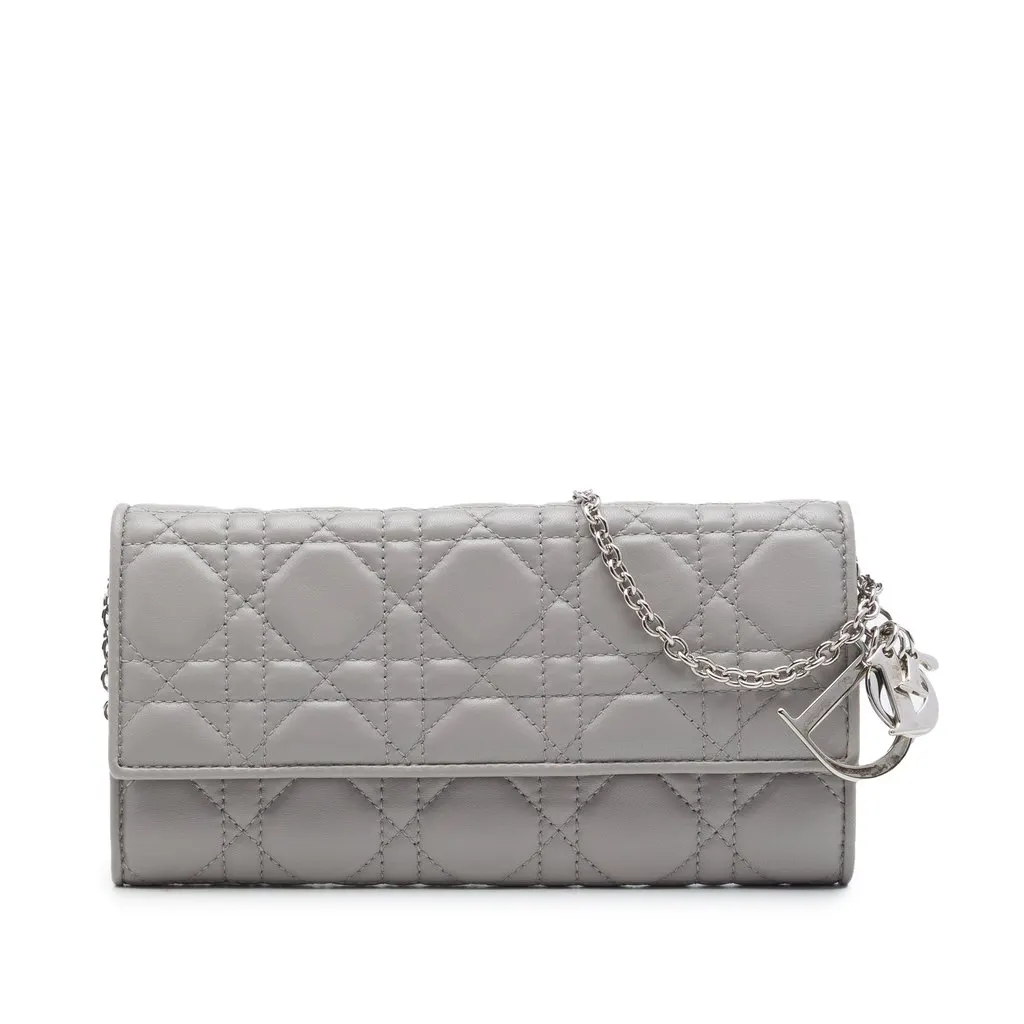 Dior Lambskin Cannage Lady Dior Wallet On Chain Grey Leather Very good - Front View