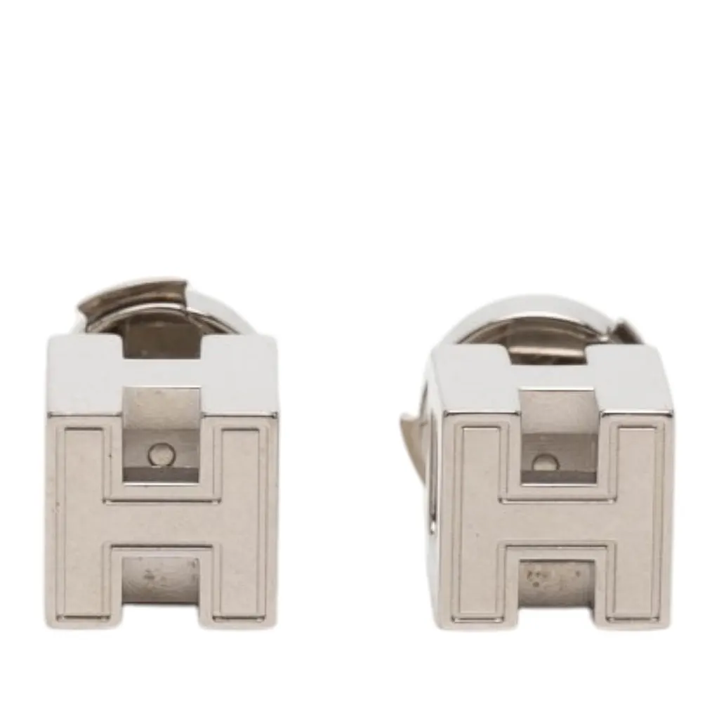 Hermès Palladium Plated Cage dH Cube Push Back Earrings Silver Metal Very good - Front View