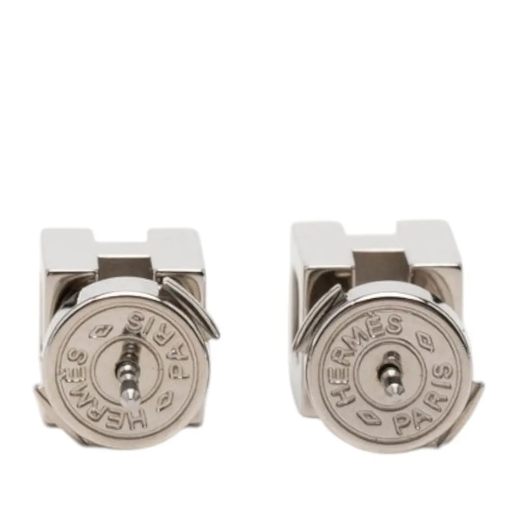 Hermès Palladium Plated Cage dH Cube Push Back Earrings Silver Metal Very good - Back View
