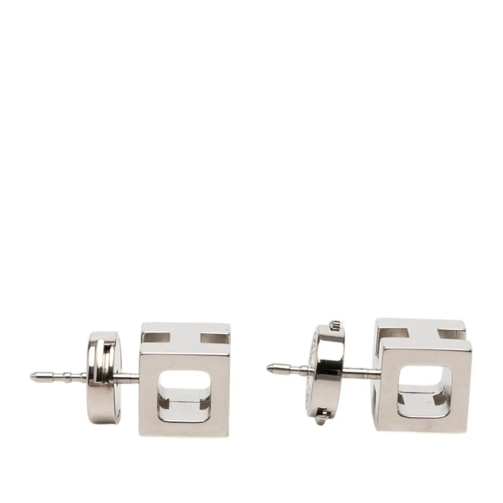 Hermès Palladium Plated Cage dH Cube Push Back Earrings Silver Metal Very good - Inside View