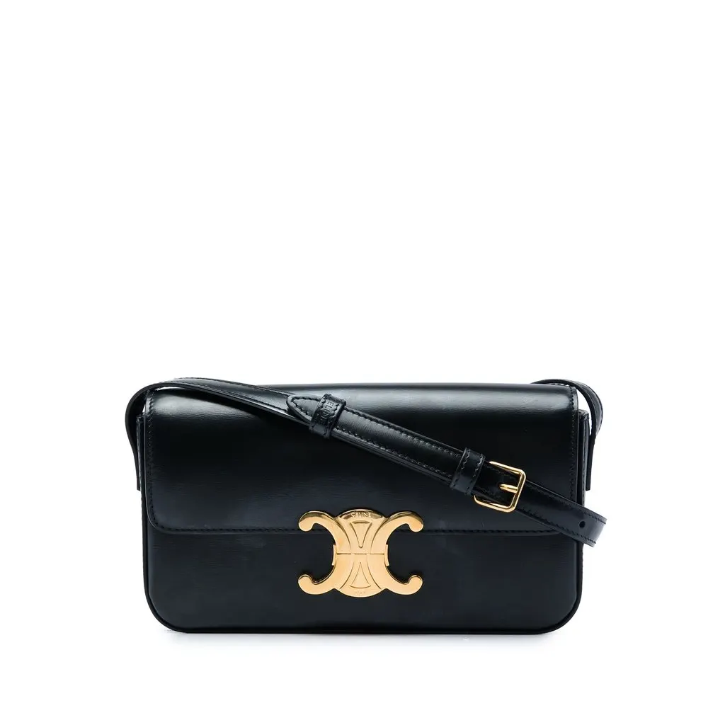 Celine Shiny Calfskin Triomphe Claude Shoulder Bag Black Leather Very good - Front View