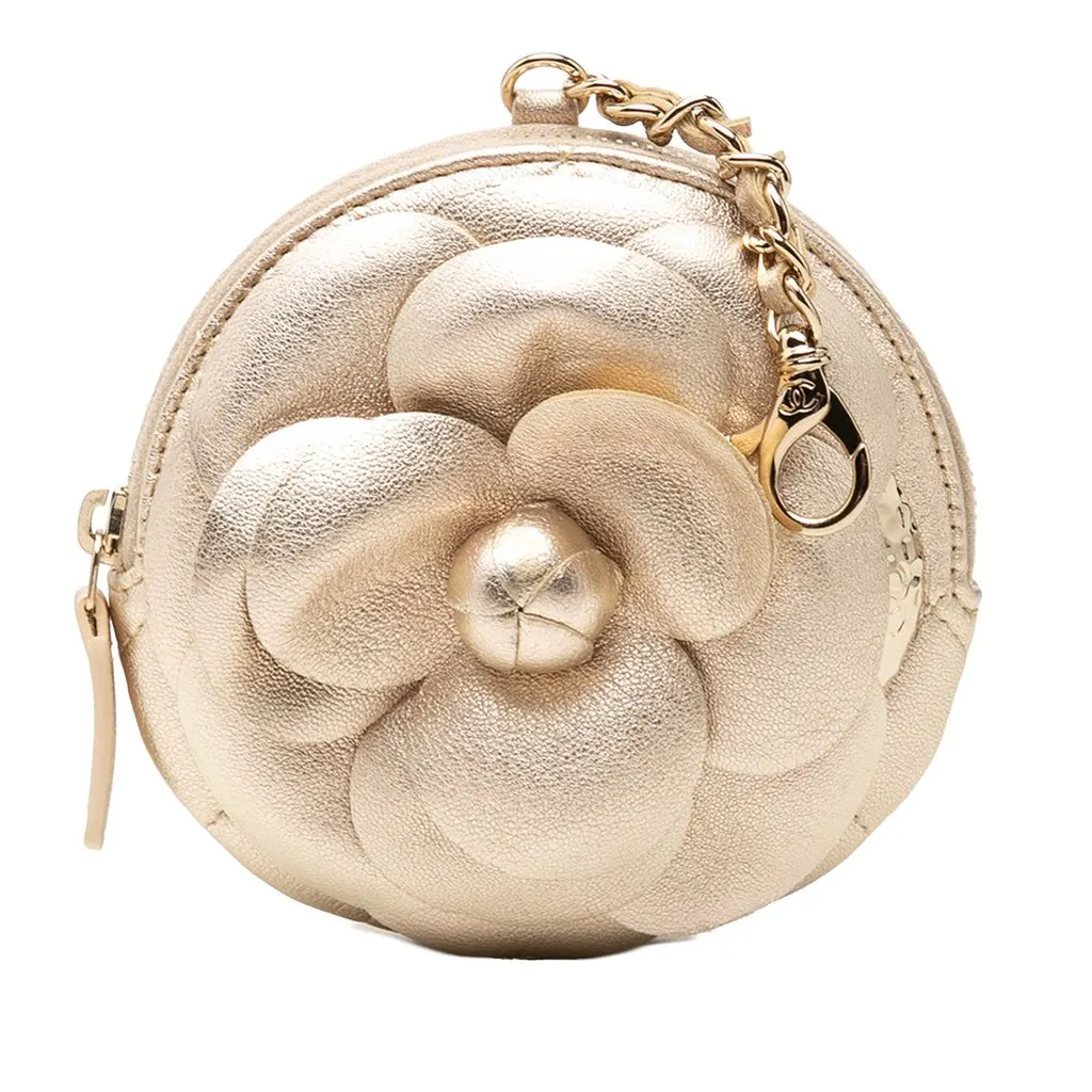 Chanel Mini CC Metallic Lambskin Camellia Bouquet Round Zip Coin Pouch Gold Leather Very good - Front View
