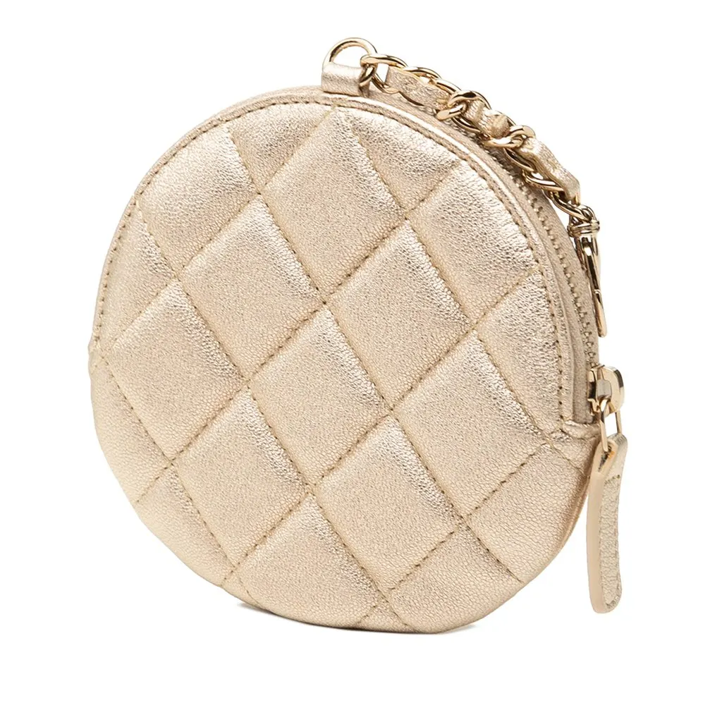 Chanel Mini CC Metallic Lambskin Camellia Bouquet Round Zip Coin Pouch Gold Leather Very good - Back View