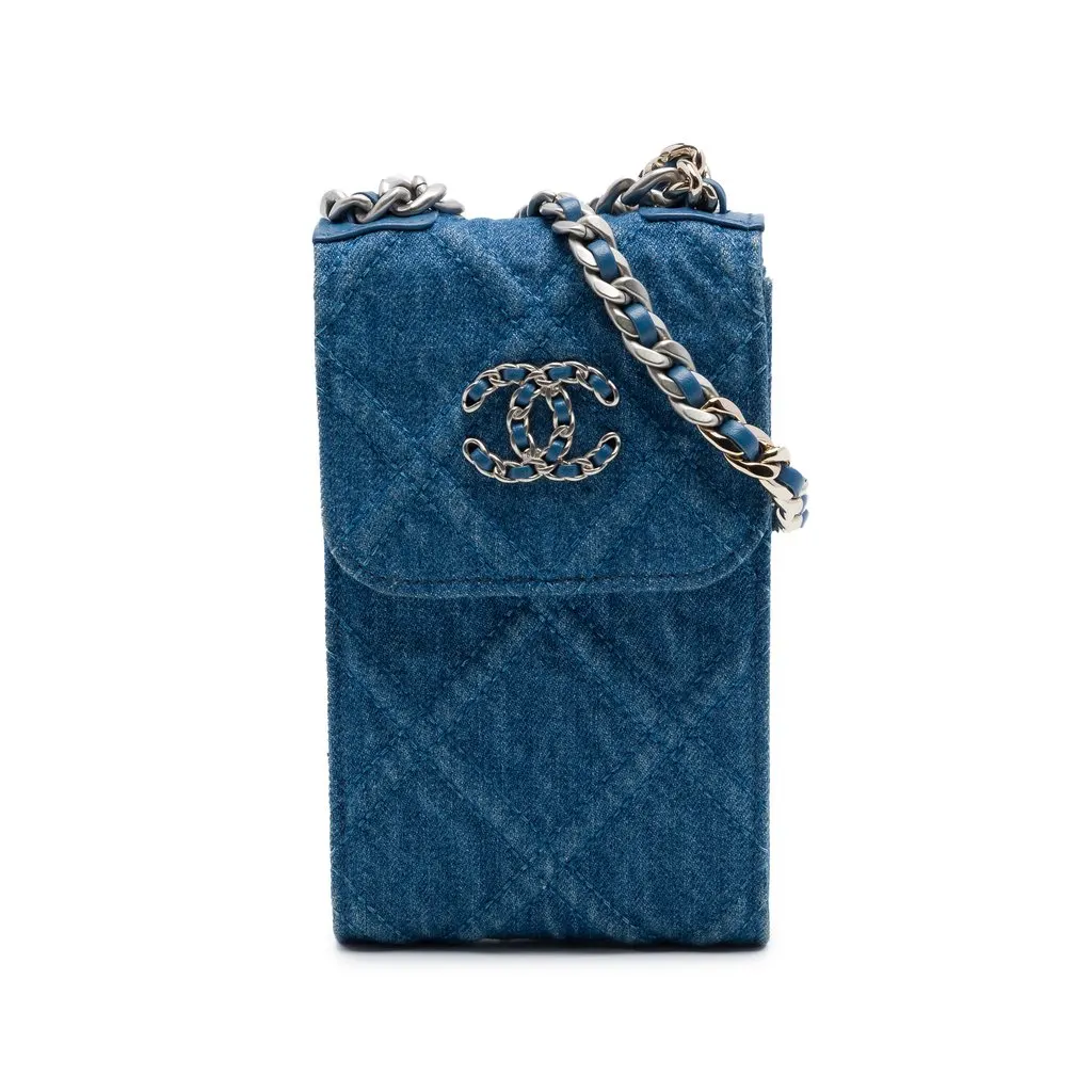 Chanel Denim 19 Phone Holder with Chain Blue Very good - Front View