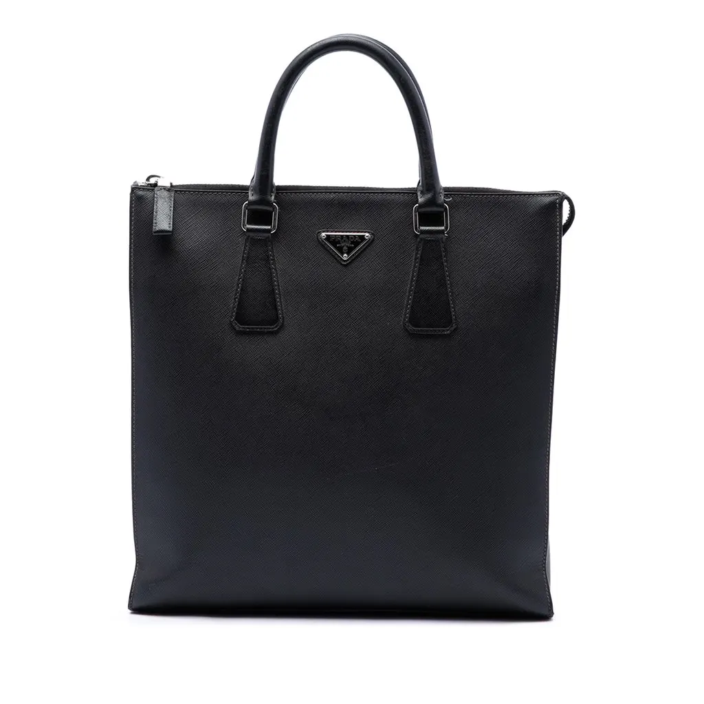 Prada Saffiano North South Tote Black Leather Good - Front View