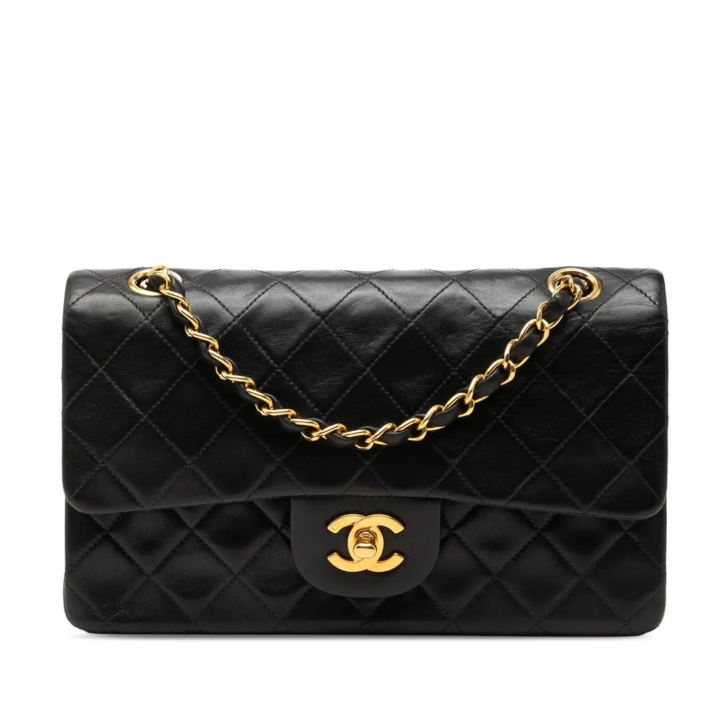 Chanel Small Classic Lambskin Double Flap Black Leather Very good - Front View