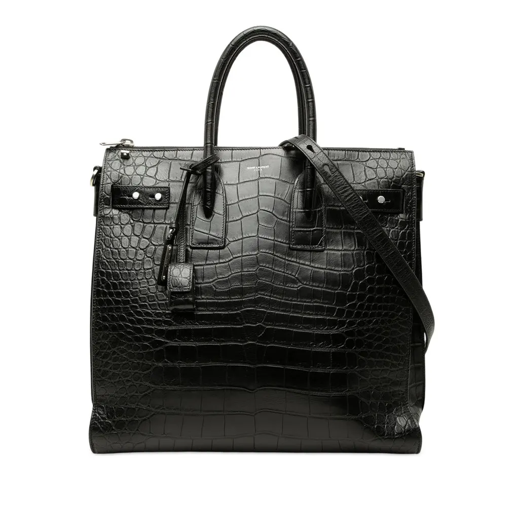Saint Laurent Croc Embossed Sac de Jour Souple Zip North South Tote Black Leather Good - Front View