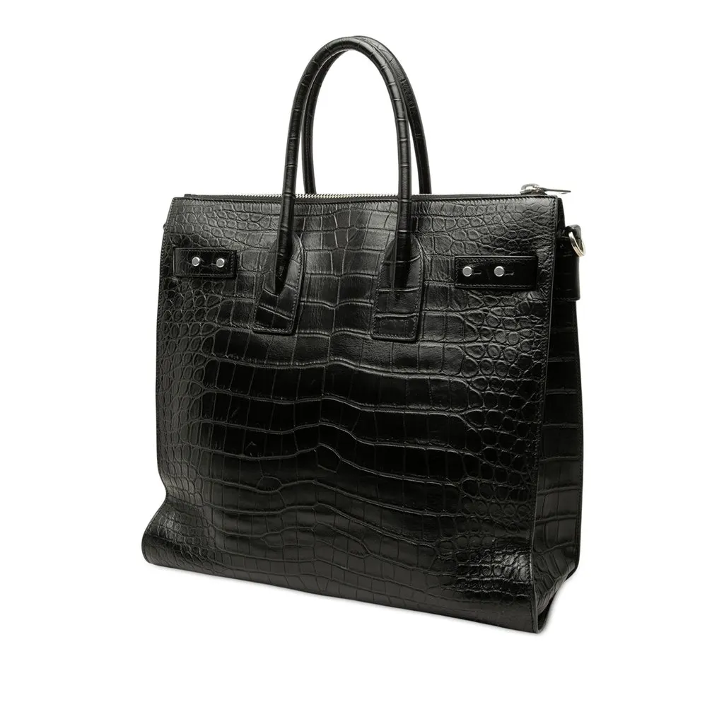 Saint Laurent Croc Embossed Sac de Jour Souple Zip North South Tote Black Leather Good - Back View