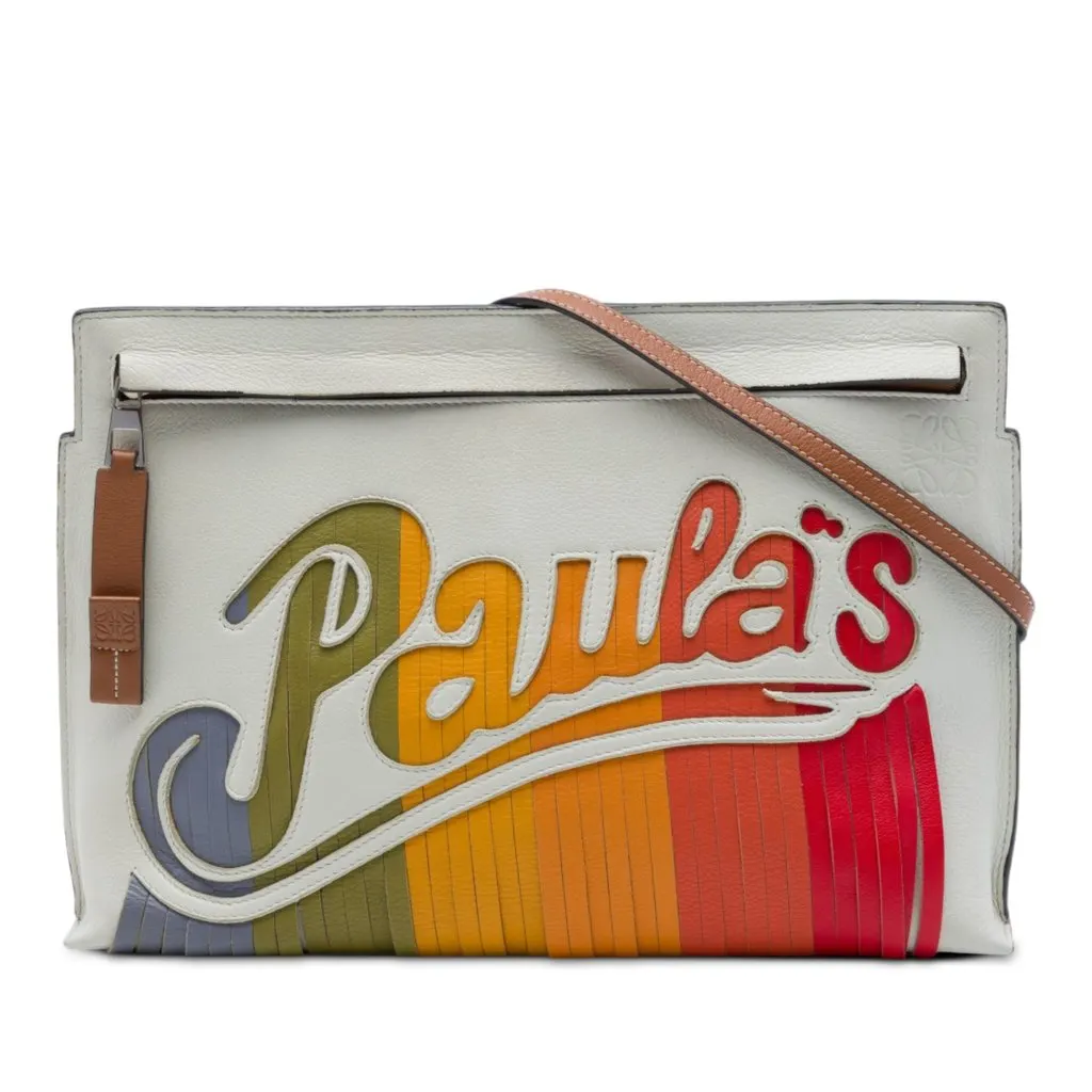 LOEWE Paulas Ibiza Leather Fringe T Pouch Crossbody White Leather Very good - Front View