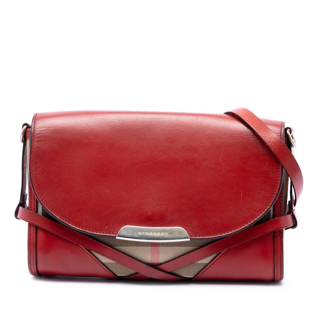 Burberry Leather and House Check Canvas Bridle Abbott Crossbody Red Leather Very good - Front View