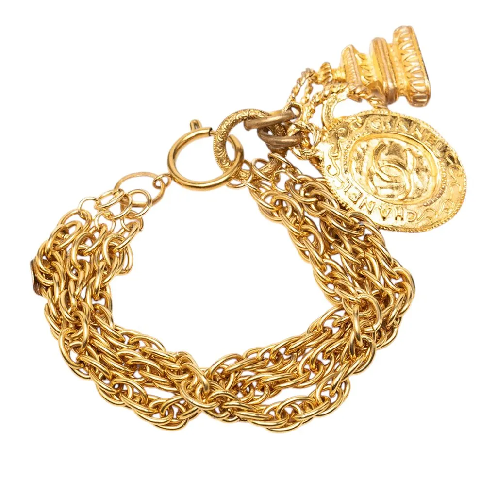 Chanel CC Gold Plated Triple Chain Logo Charm Bracelet Gold Metal Very good - Back View