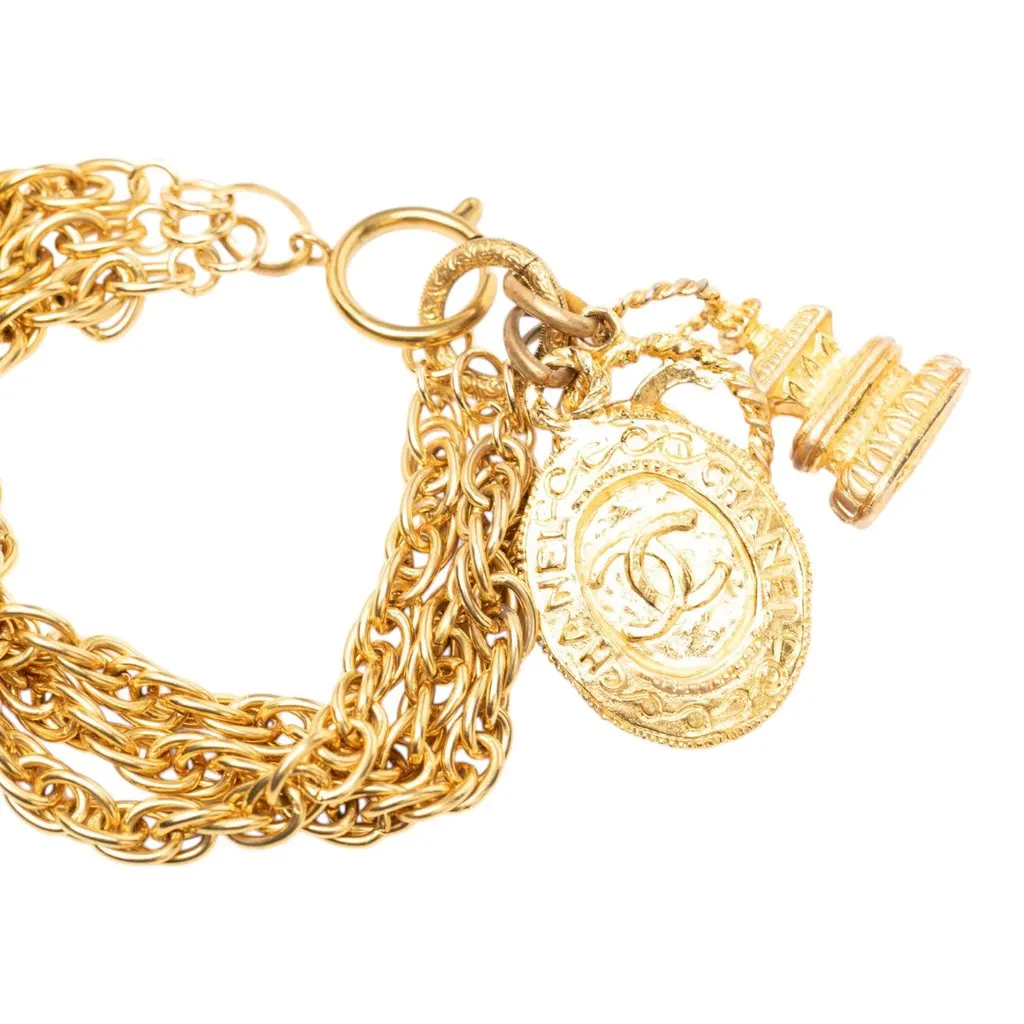 Chanel CC Gold Plated Triple Chain Logo Charm Bracelet Gold Metal Very good - Model View