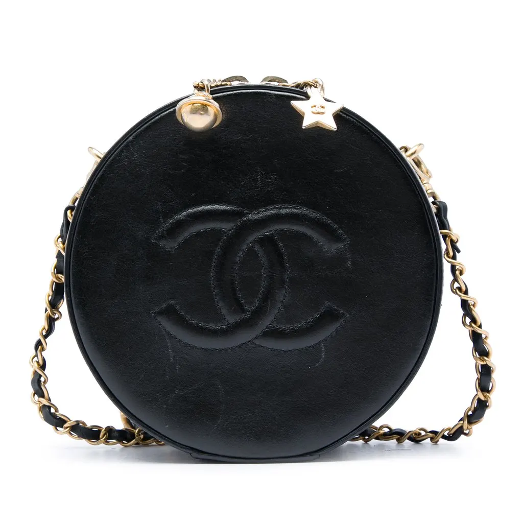 Chanel Glazed Calfskin Round As Earth Evening Bag Black Leather Very good - Front View