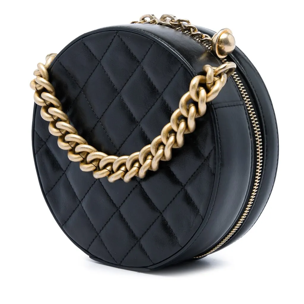 Chanel Glazed Calfskin Round As Earth Evening Bag Black Leather Very good - Back View