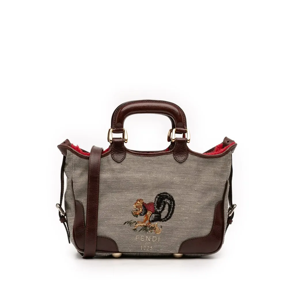 Fendi Embroidered Canvas Squirrel Satchel Brown Very good - Front View