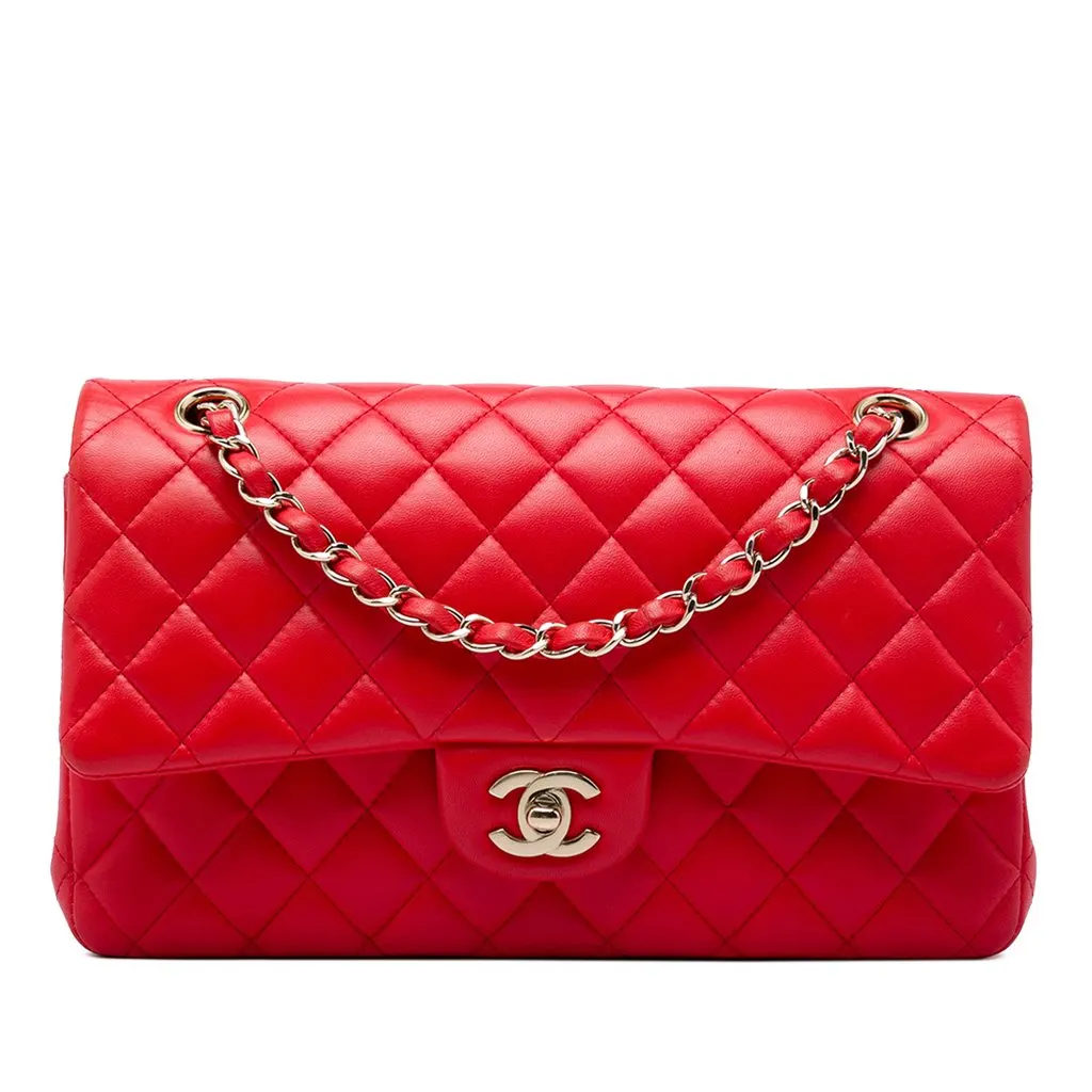 Chanel Medium Classic Lambskin Double Flap Red Leather Very good - Front View