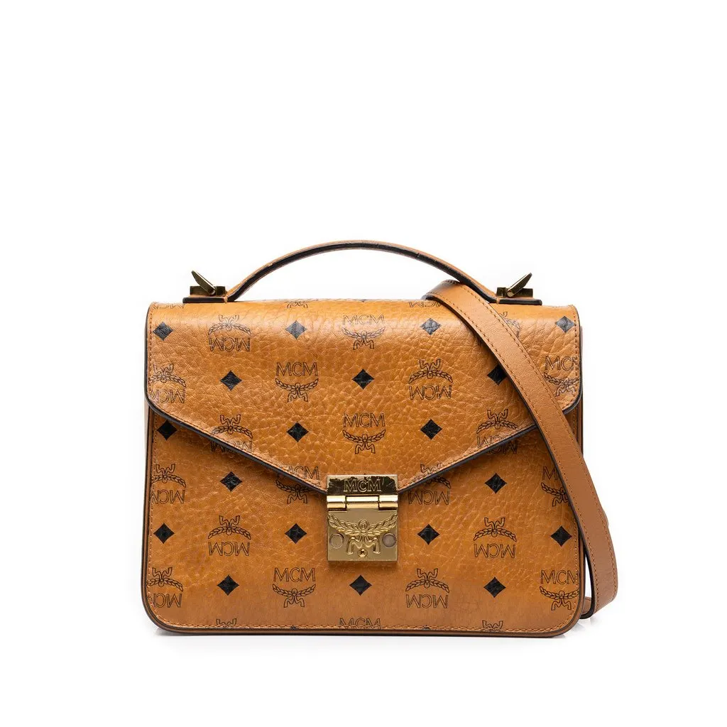 MCM Medium Visetos Coated Canvas Patricia Top Handle Bag Brown Canvas Good - Front View