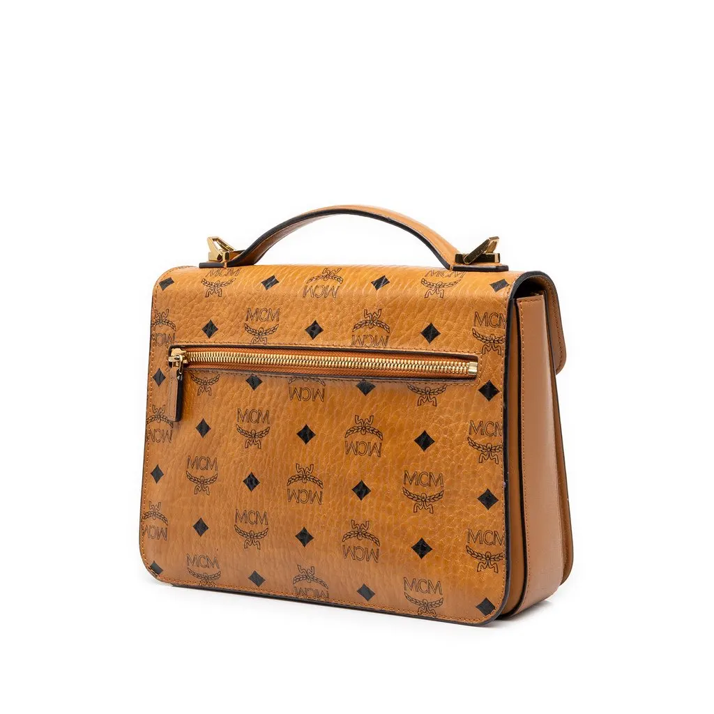 MCM Medium Visetos Coated Canvas Patricia Top Handle Bag Brown Canvas Good - Back View