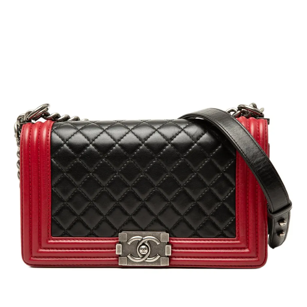 Chanel Old Medium Bicolor Quilted Lambskin Boy Flap Black Leather Good - Front View
