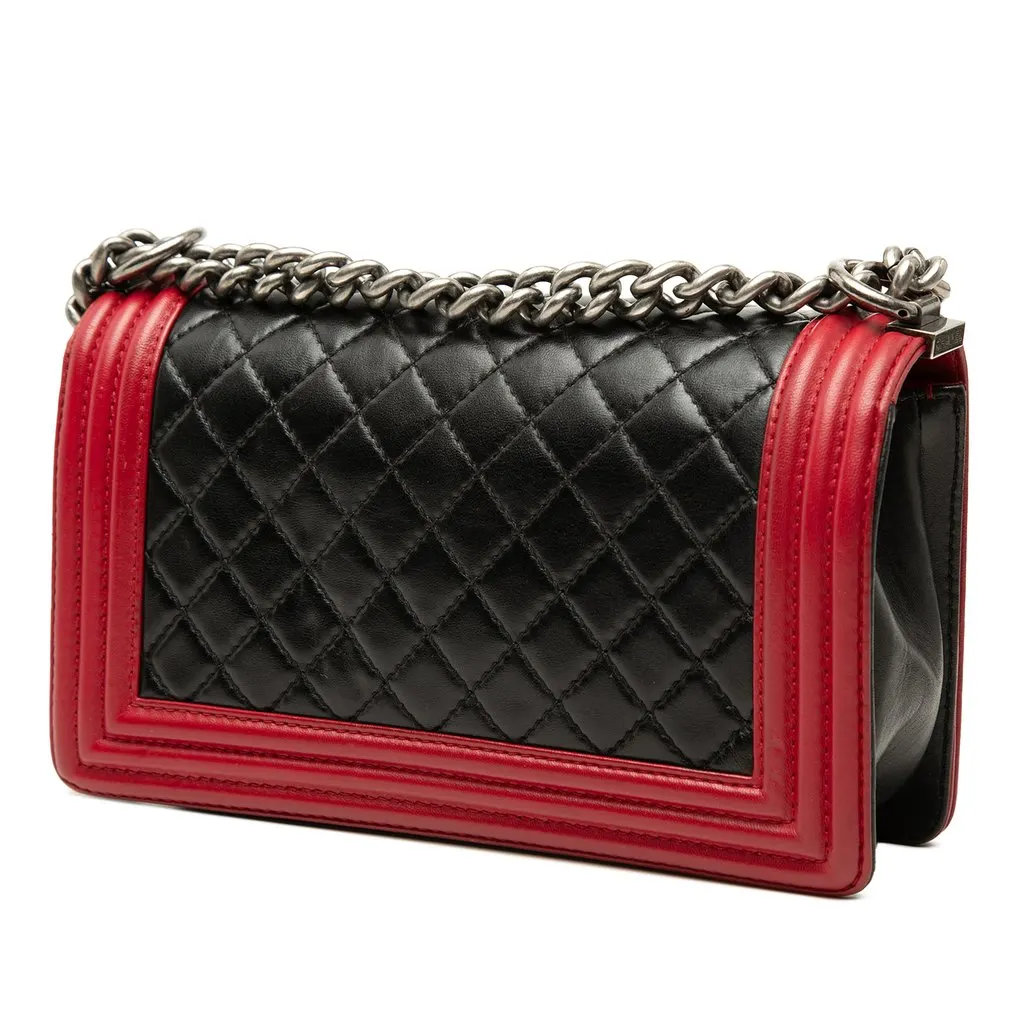 Chanel Old Medium Bicolor Quilted Lambskin Boy Flap Black Leather Good - Back View