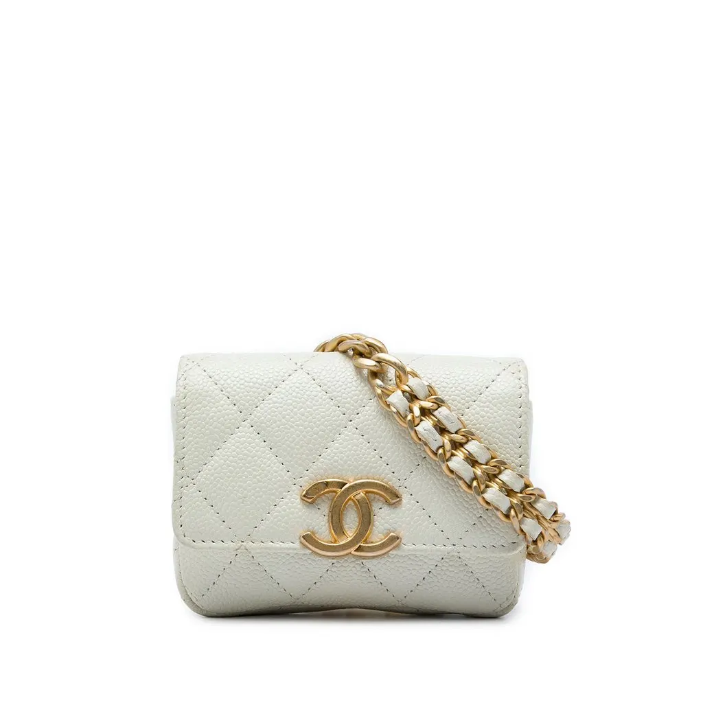 Chanel Quilted Caviar Melody Chain Belt Bag White Leather Very good - Front View