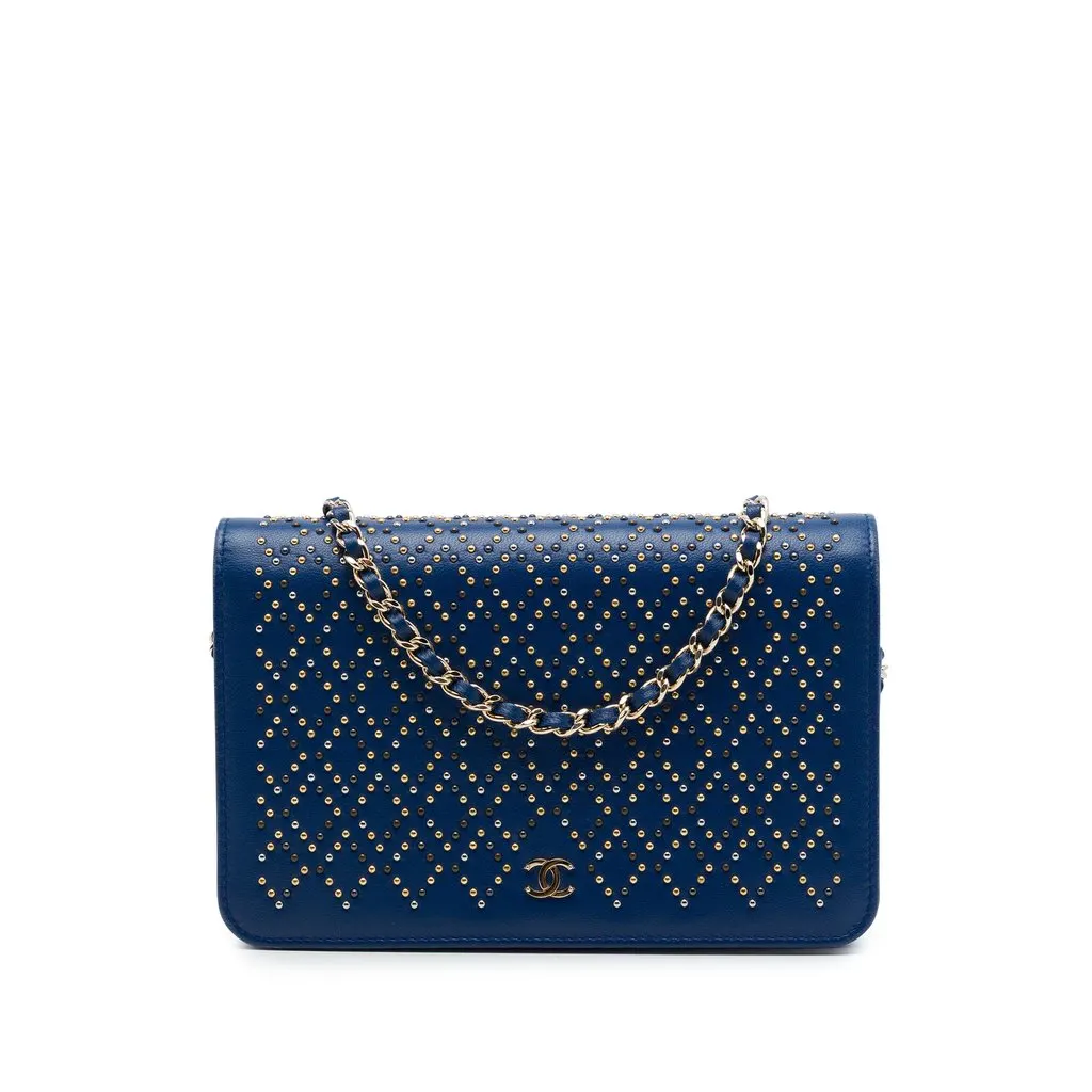 Chanel CC Lambskin Studded Wallet On Chain Blue Leather Very good - Front View