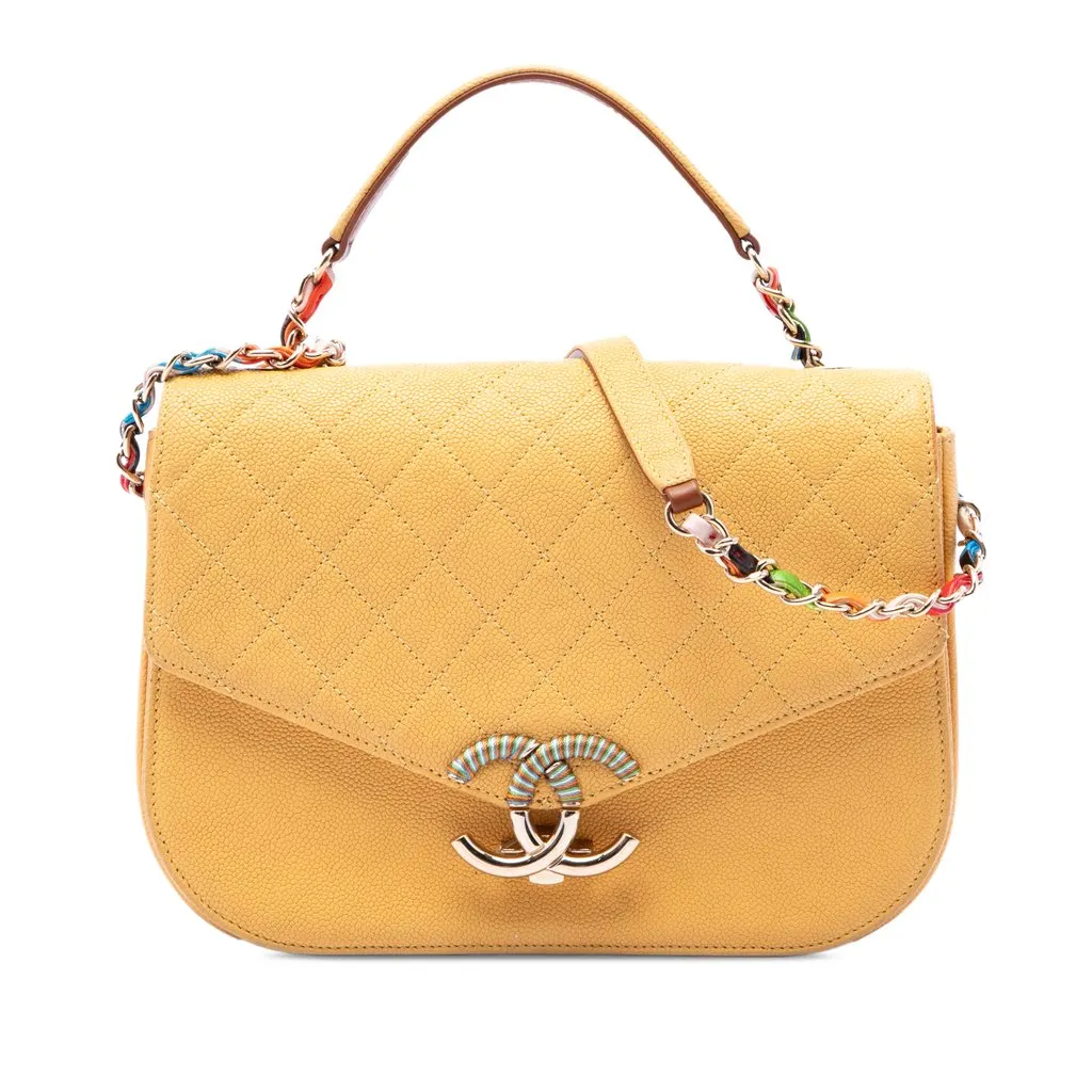 Chanel Paris Cuba Medium Quilted Caviar Thread Around Flap Yellow Leather Very good - Front View