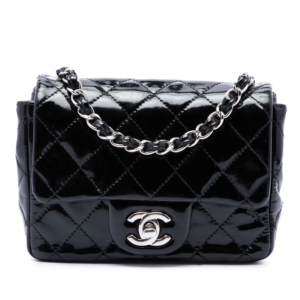 Chanel Mini Square Classic Patent Single Flap Black Leather Very good - Front View