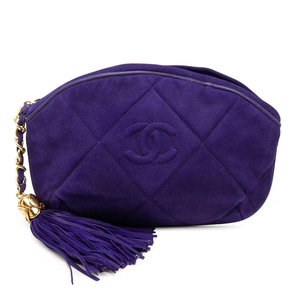 Chanel CC Suede Tassel Clutch Blue Leather Good - Front View