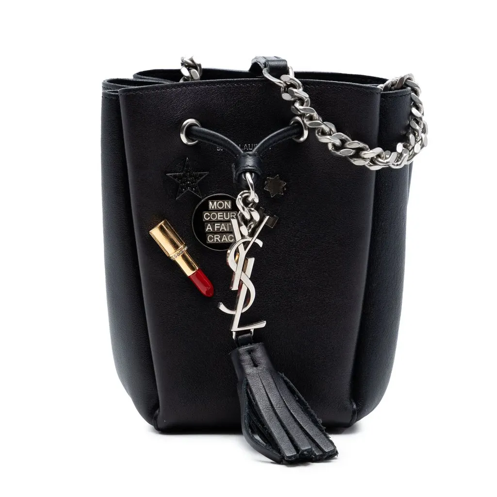Saint Laurent Mini Leather Monogram Embellished Bourse Bucket Bag Black Leather Very good - Front View