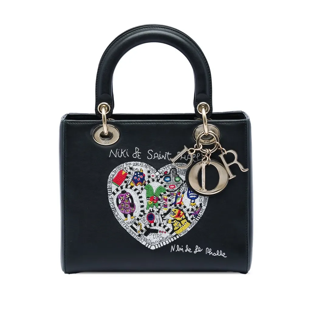 Dior Niki De Saint Phalle Medium Calfskin Heart Supple Lady Dior Black Leather Good - Front View