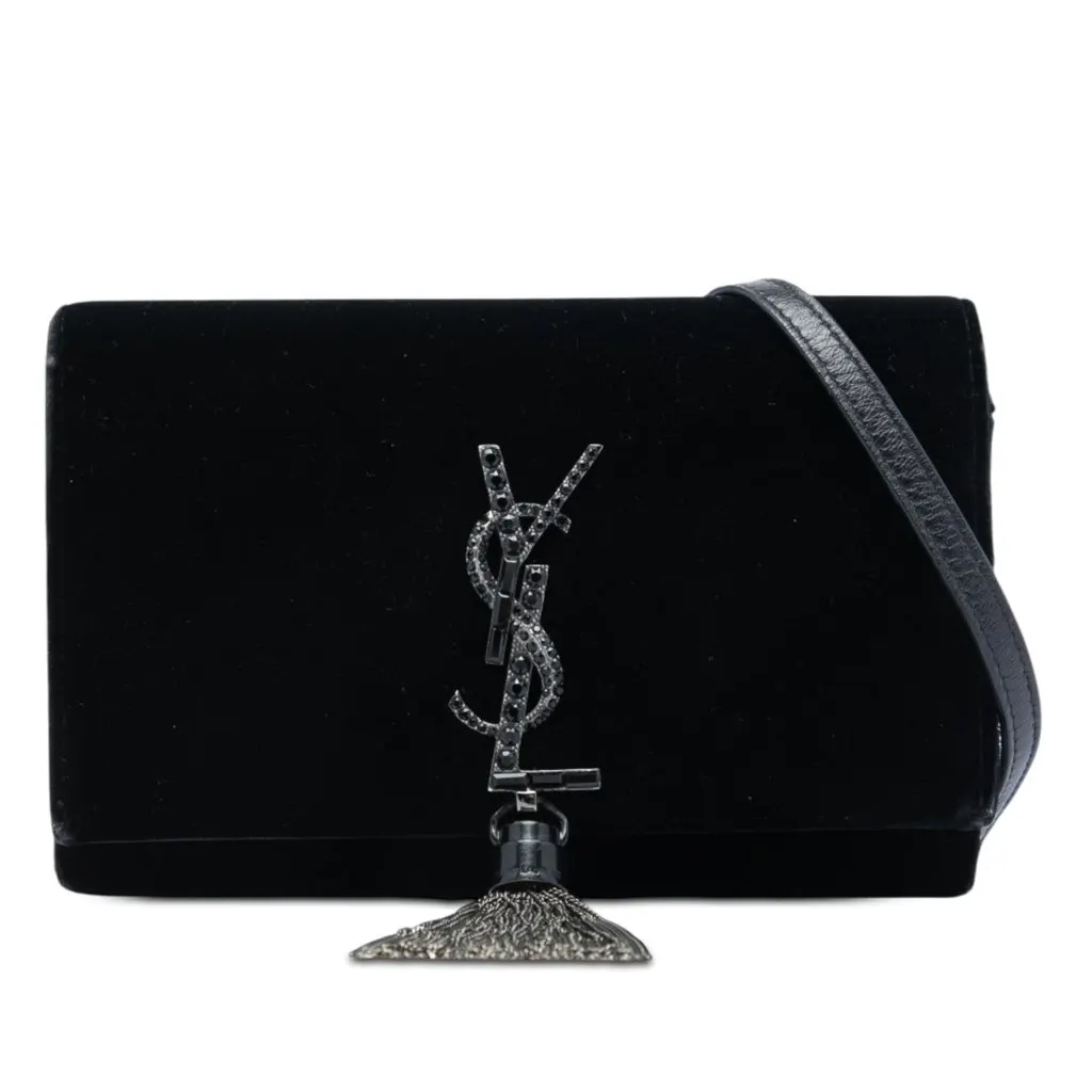 Saint Laurent Velvet Crystal Monogram Kate Tassel Wallet on Chain Black Very good - Front View