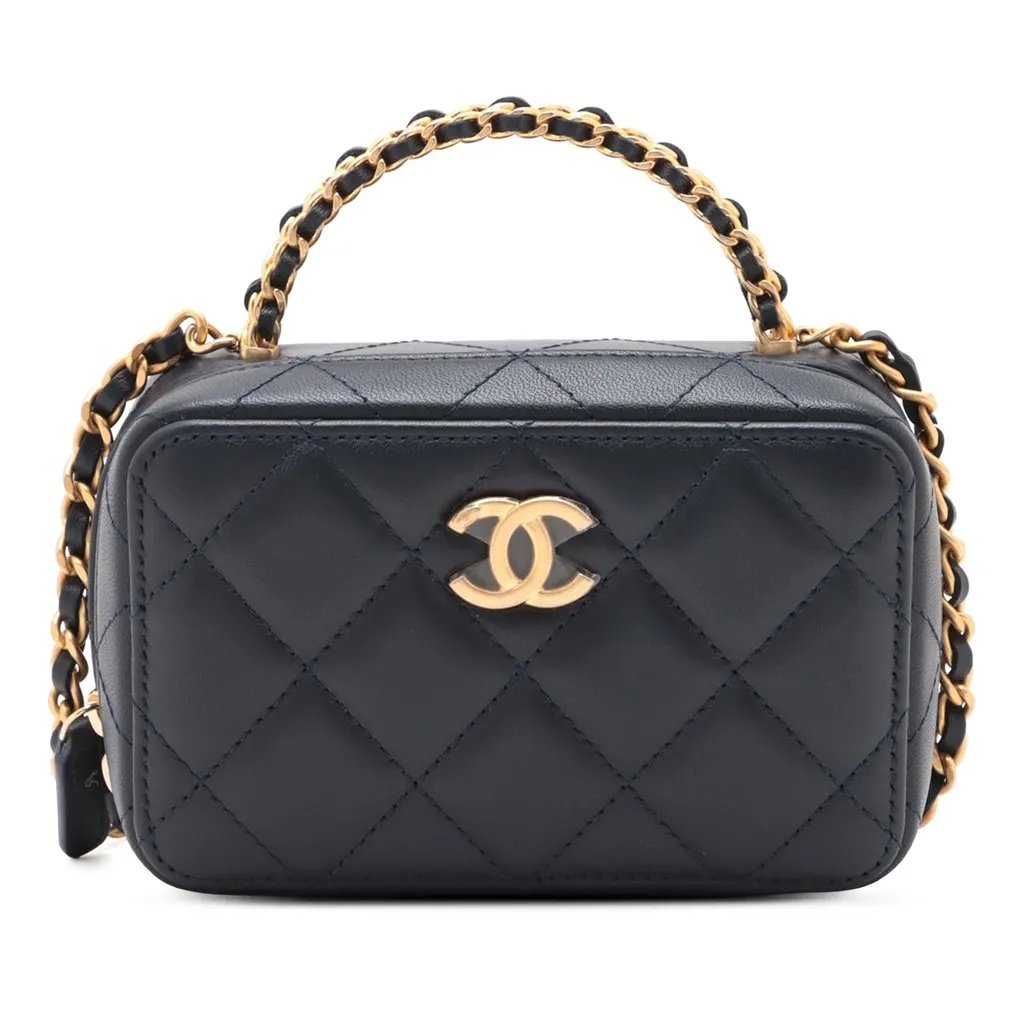 Chanel Mini CC Quilted Lambskin Chain Top Handle Vanity Case Blue Leather Never worn - Front View