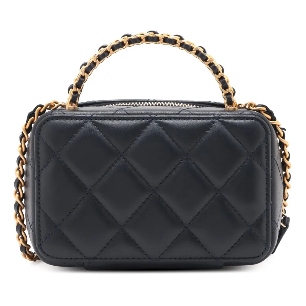 Chanel Mini CC Quilted Lambskin Chain Top Handle Vanity Case Blue Leather Never worn - Back View