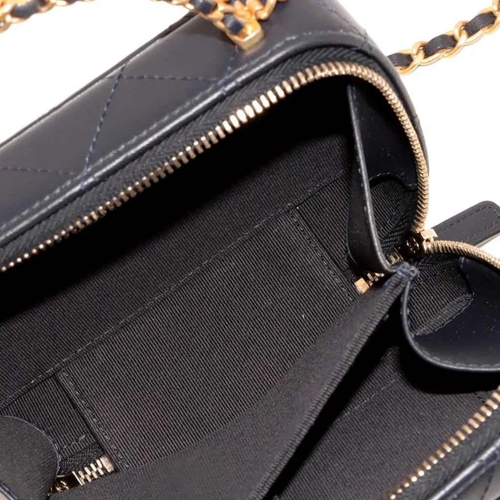 Chanel Mini CC Quilted Lambskin Chain Top Handle Vanity Case Blue Leather Never worn - Model View
