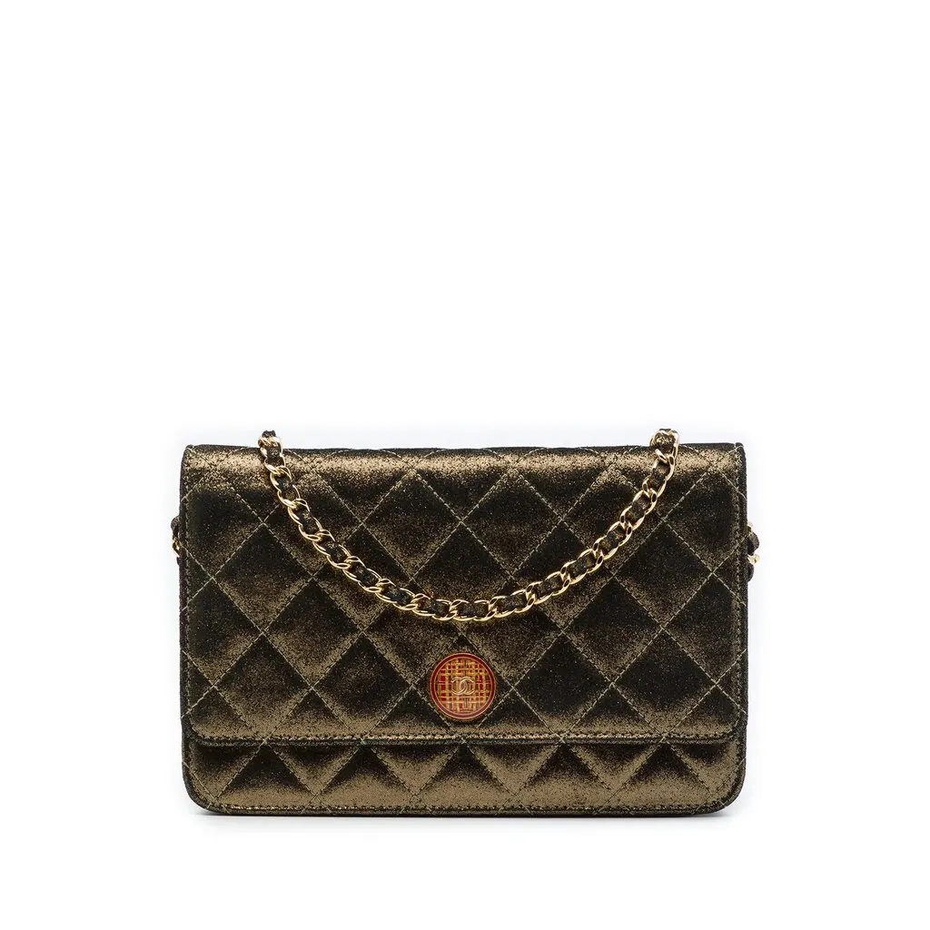 Chanel Quilted Iridescent Lambskin Tartan Button Wallet On Chain Gold Leather Very good - Front View