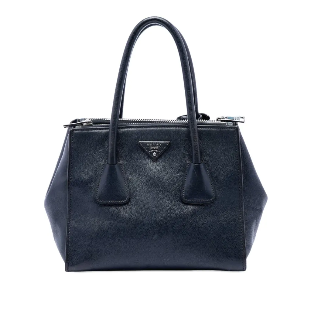Prada Glace Calf Twin Pocket Double Handle Satchel Blue Leather Very good - Front View