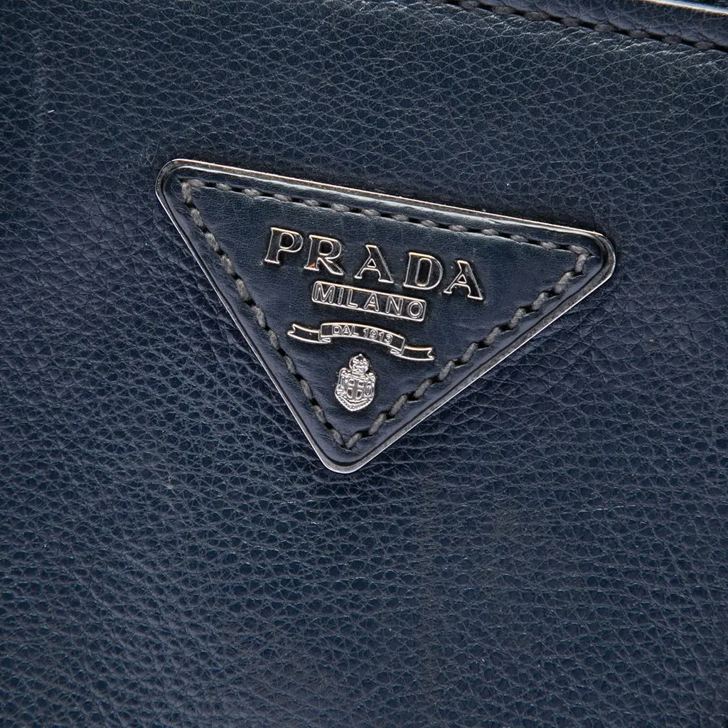 Prada Glace Calf Twin Pocket Double Handle Satchel Blue Leather Very good - Box View