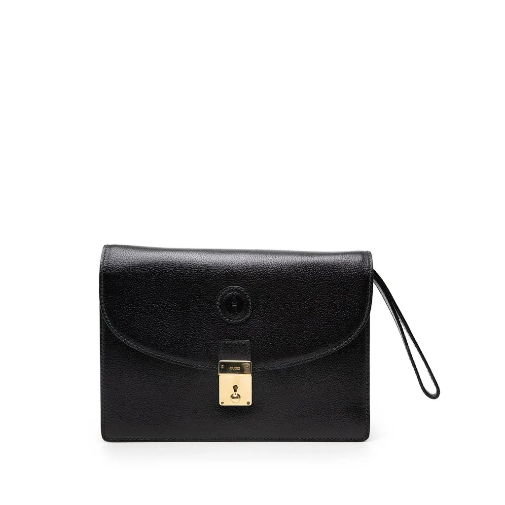 Gucci Calfskin Interlocking G Padlock Wristlet Clutch Black Leather Very good - Front View