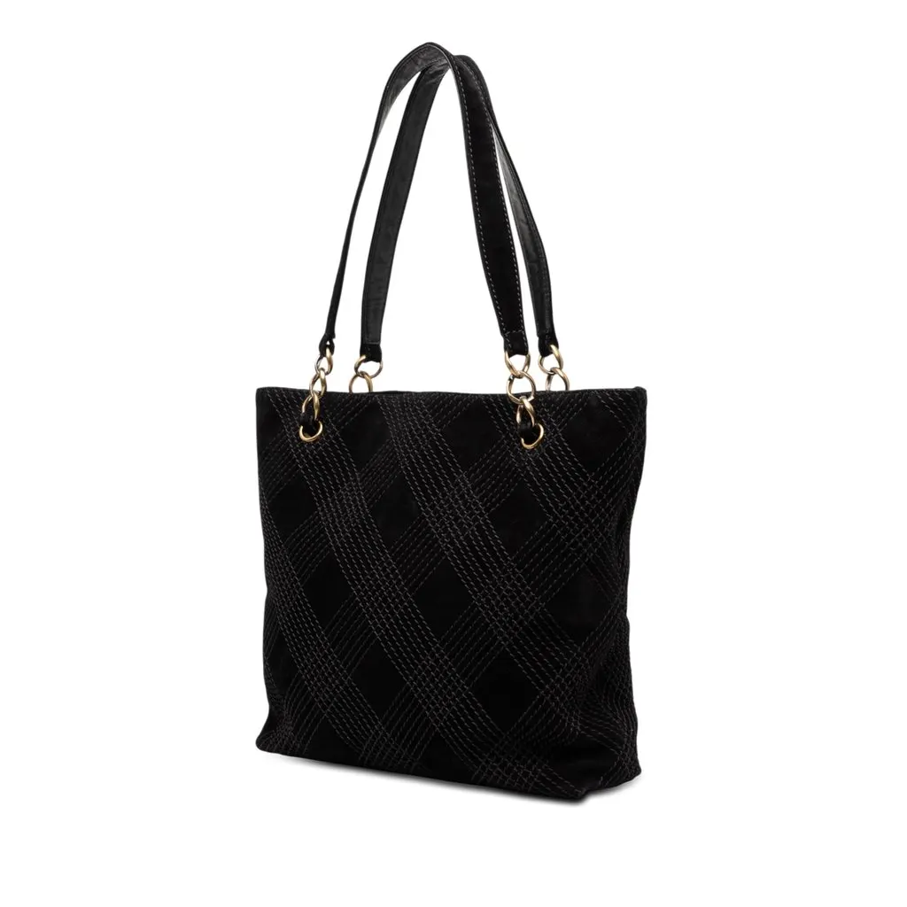 Chanel CC Stitched Suede Tote Black Leather Very good - Back View