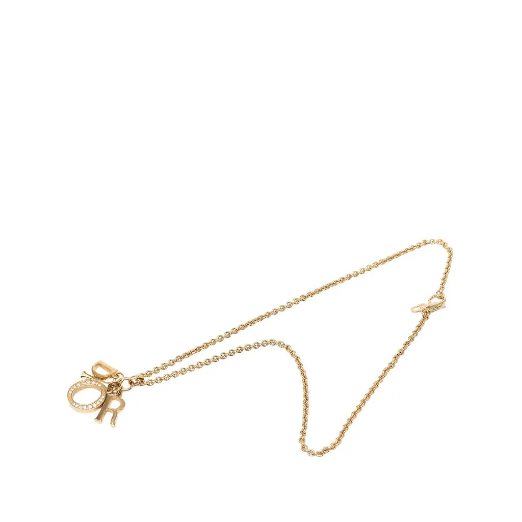 Dior Gold Plated Strass Logo Pendant Necklace Gold Metal Very good - Front View