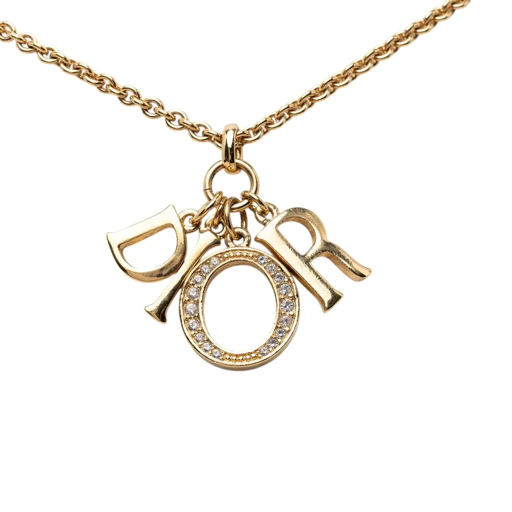 Dior Gold Plated Strass Logo Pendant Necklace Gold Metal Very good - Back View