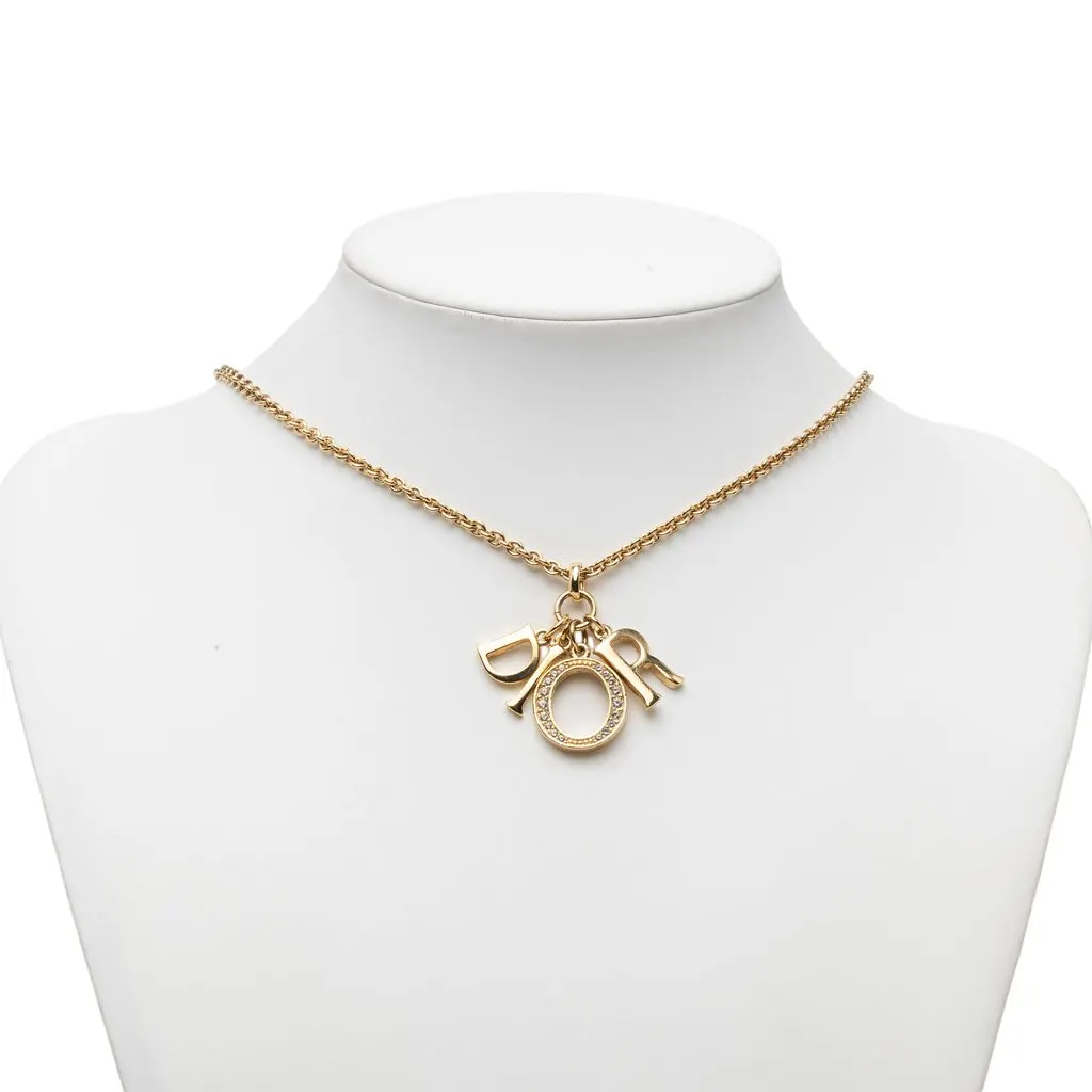 Dior Gold Plated Strass Logo Pendant Necklace Gold Metal Very good - Box View