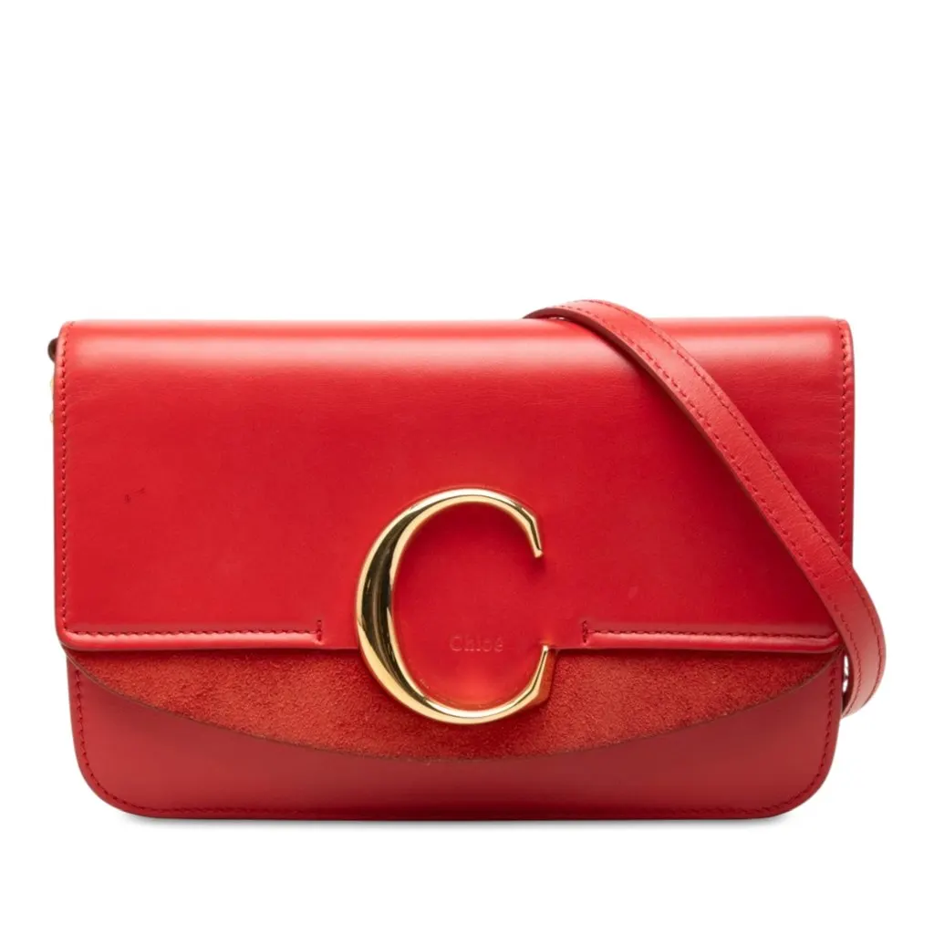 Chloé Mini Calfskin and Suede C Chain Crossbody Red Leather Good - Front View