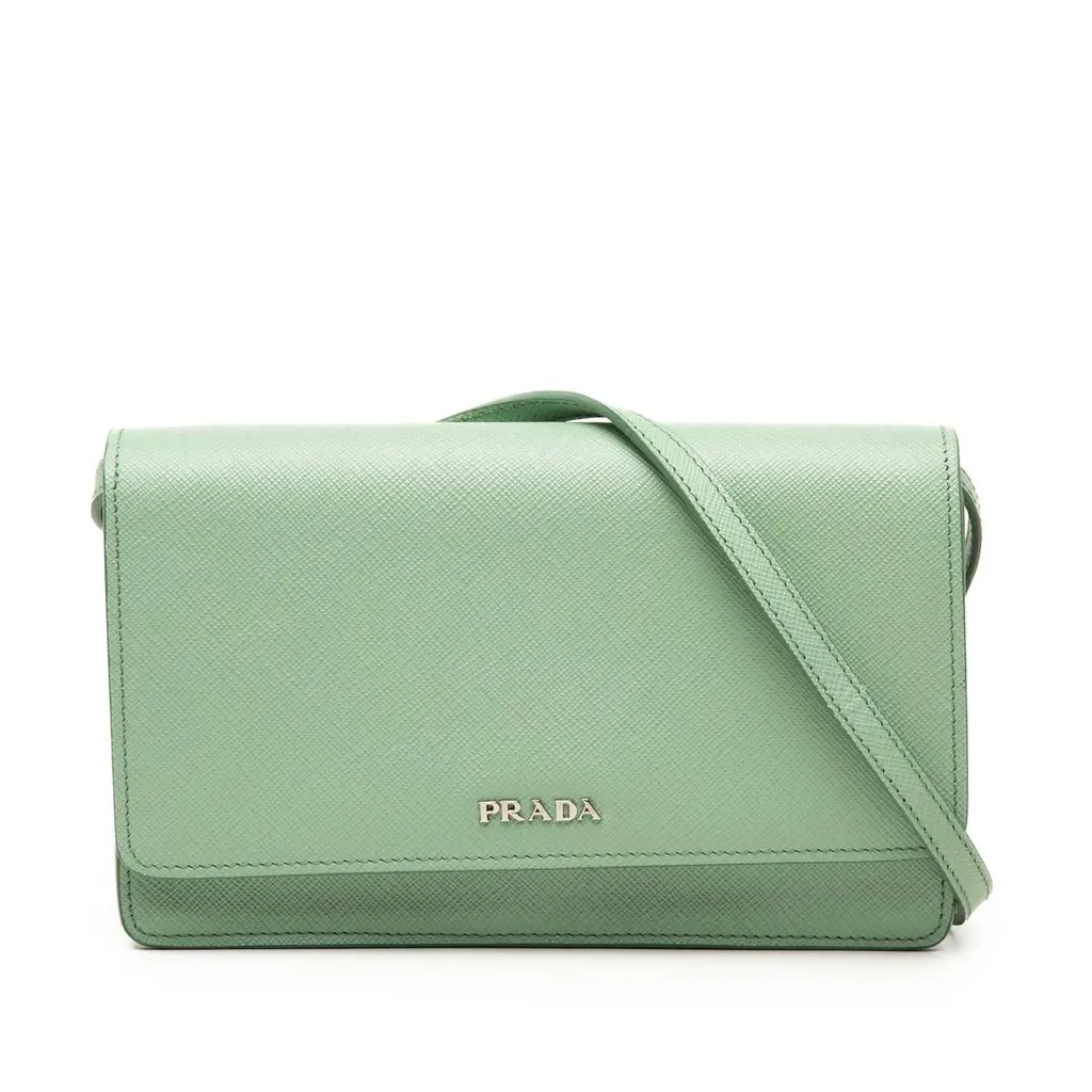 Prada Saffiano Wallet on Strap Green Leather Very good - Front View