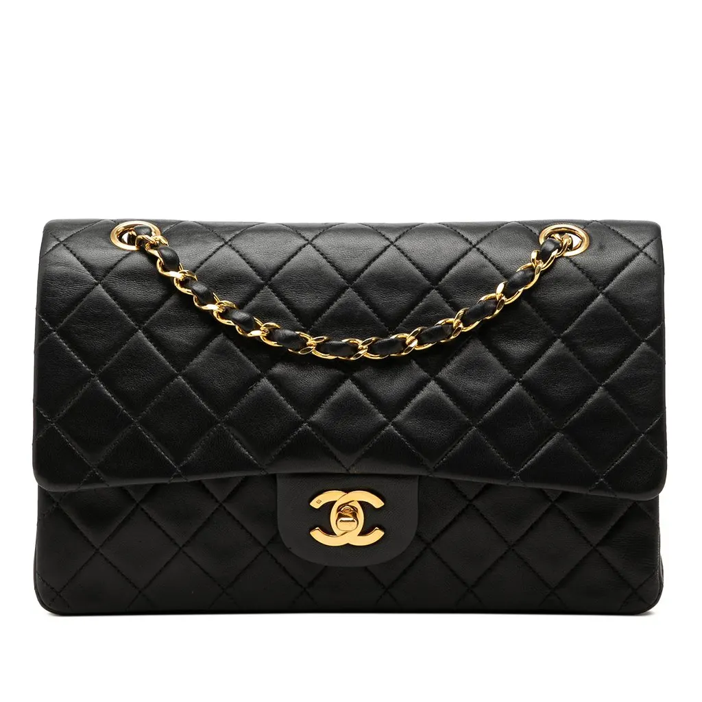 Chanel Medium Classic Lambskin Double Flap Black Leather Good - Front View