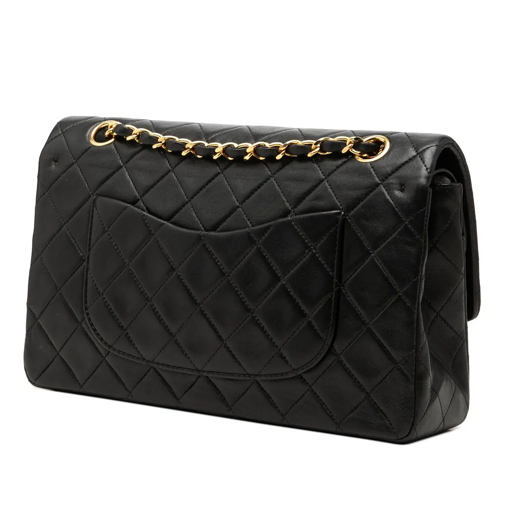Chanel Medium Classic Lambskin Double Flap Black Leather Good - Back View