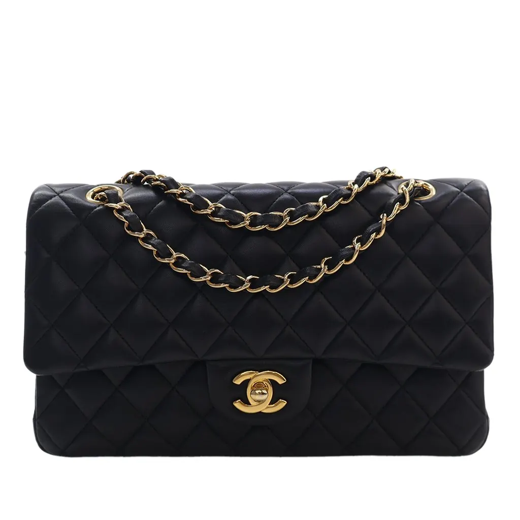 Chanel Medium Classic Lambskin Double Flap Black Leather Very good - Front View