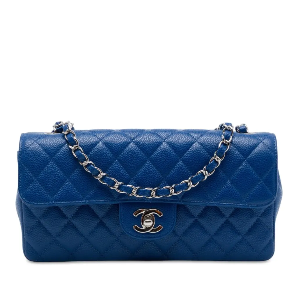 Chanel Classic Caviar East West Single Flap Blue Leather Good - Front View